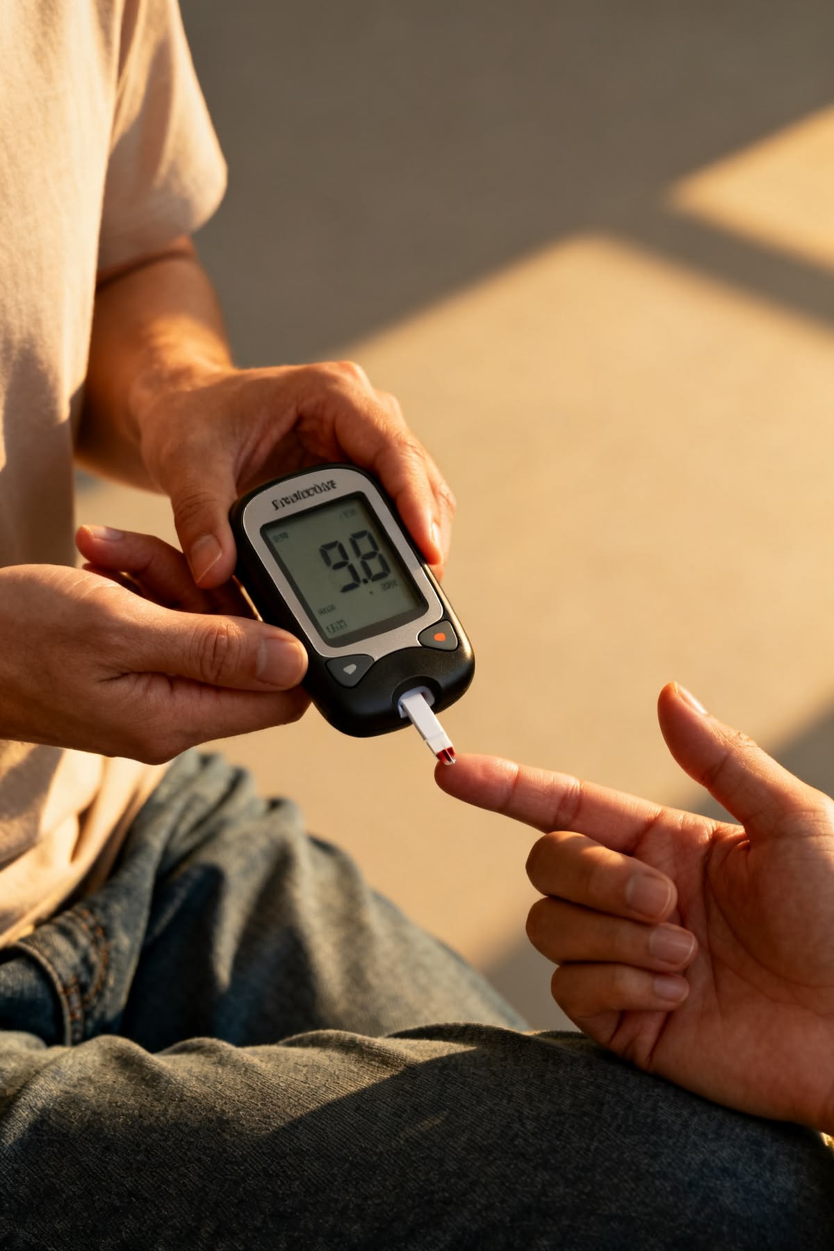 A person checking their blood glucose level with a meter.