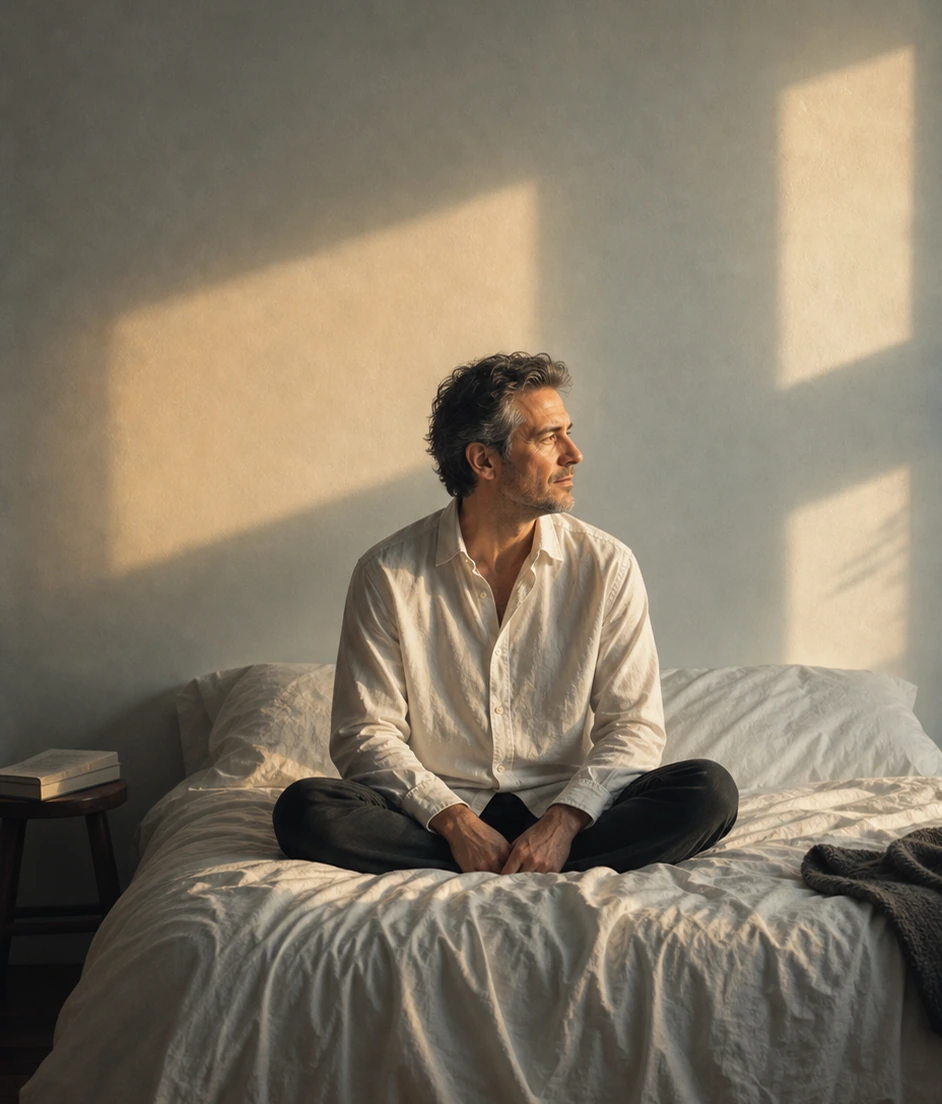 A man sits cross-legged on a bed in afternoon light, alone, mid-thought.
